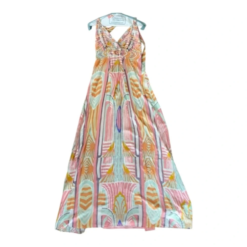 Multicolor Patterned Women's Lined Halter Maxi Dress Size Small 💯% Rayon - Picture 5 of 14